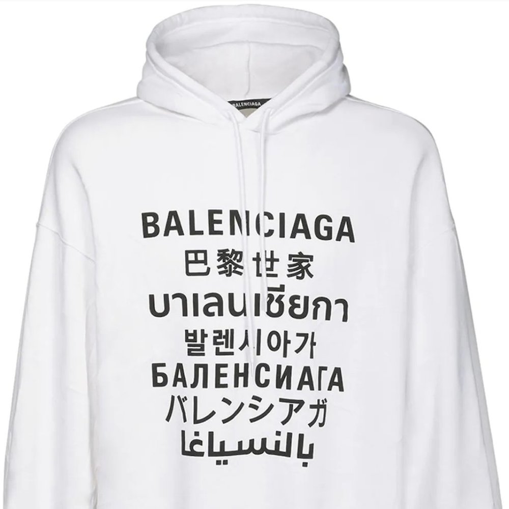 BALENCIAGA MULTI LANGUAGE LOGO PRINT COTTON HOODIE size Large